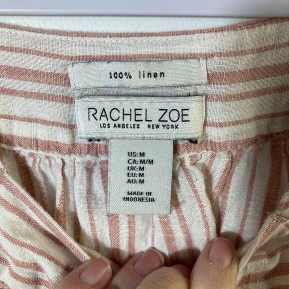 Womens Rachel Zoe Square Neck Striped Linen Boho Top 3/4 Sleeve Pink Cream M - Picture 5 of 5